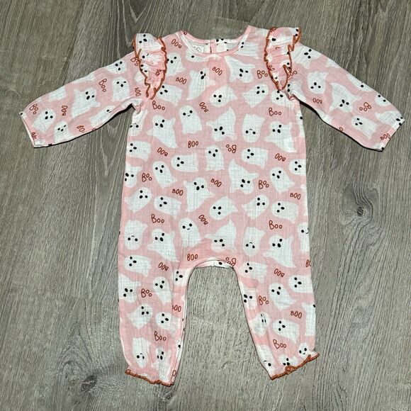 Mud Pie Baby Girl Halloween Romper Ghost Print Pink Ruffle Sleeves 100% Cotton - Picture 1 of 5